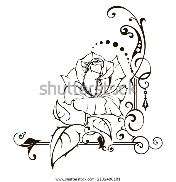 Rose sketch black\
outline isolated, illustration floral ornament graffiti tattoo on\
white background