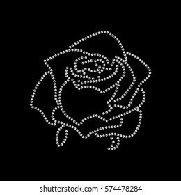 Rose sketch. Flower design dotted outline. Vector illustration. Elegant floral outline design. Silver symbol isolated on black background. Abstract rose. Good for design, logo or decoration