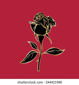 Rose sketch. Golden outline on red background. Vector illustration.