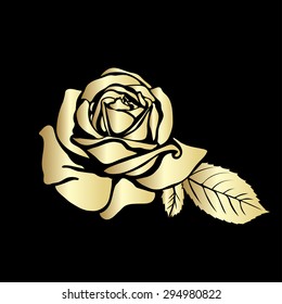 Rose sketch. Golden outline on black background. Vector illustration.