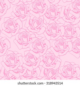 Rose sketch. Red outline on pink background. Seamless vector illustration.