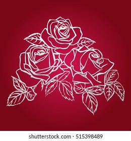 Rose sketch. Silver outline on red background. Vector illustration.
