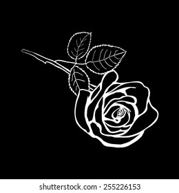 Rose sketch. White outline on black background. Vector illustration.