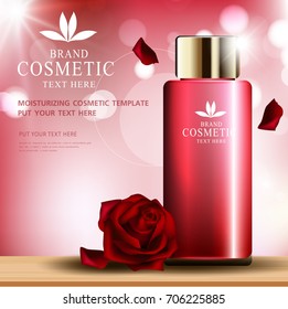 Rose skin care cosmetic product poster, bottle package design with moisturizer cream or liquid, sparkling background with glitter polka, vector design.