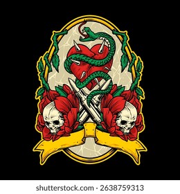 Rose Skull Snake Vintage Badge Vector Illustration