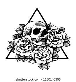 Rose and skull tattoo with sacred geometry frame. Traditional black dot style ink. Roses isolated vector illustration. Traditional Tattoo Flowers Set Old School Tattooing Style Ink.