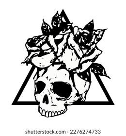 Rose and skull tattoo with sacred geometry structure. Traditional black dot style ink. Roses isolated vector illustration. Traditional Tattoo Flowers Set Old School Ink Style Tattoo.
