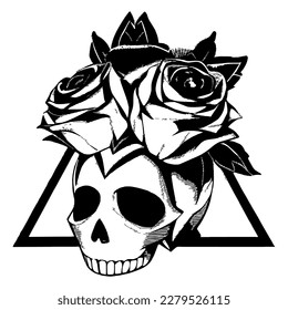 Rose and skull tattoo with sacred geometry structure. Traditional black dot style ink. Roses isolated vector illustration. Traditional Tattoo Flowers Set Old School Ink Style Tattoo.