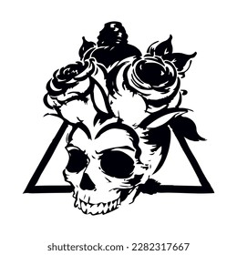 Rose and skull tattoo with sacred geometry structure. Traditional black dot style ink. Roses isolated vector illustration. Traditional Tattoo Flowers Set Old School Ink Style Tattoo.