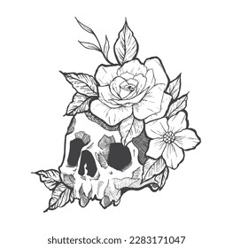 Rose and skull tattoo. Traditional black dot style ink. Roses isolated vector illustration.