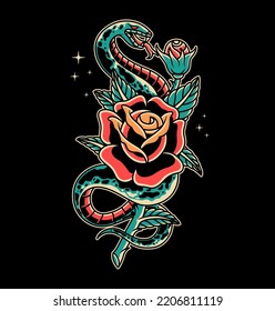 Ilustración de arte de la plantilla de vectores de tatuaje de la escuela antigua Rose y Snake en un fondo aislado