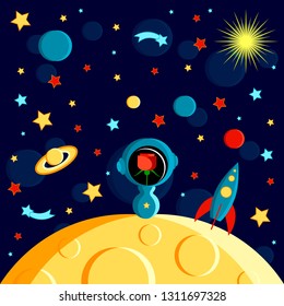 Rose in a spacesuit on the moon. Moon, Sun, Saturn, Earth, other planets, rocket Stars comets space Cartoon style