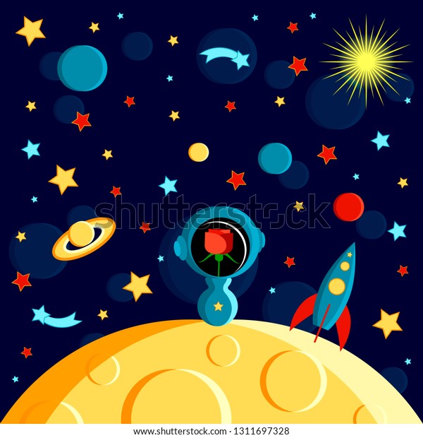 Rose in\
a spacesuit on the moon. Moon, Sun, Saturn, Earth, other planets,\
rocket Stars comets space Cartoon\
style