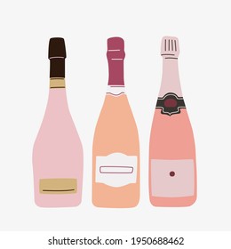 Rose sparkling wine bottles silhouettes with copy space for text. Vector flat and line illustrations. Champagne for celebrations concept.