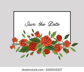 Rose square frame. Red flowers and green leaves. Decorative elements, spring summer elegant elements. Bouquet with blossom. Botanical decoration for poster. Vector cartoon flat isolated illustration