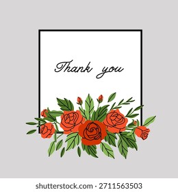 Rose square frame. Red flowers and green leaves. Decorative elements, spring summer elegant elements. Bouquet with blossom. Botanical decoration for poster. Vector cartoon flat isolated illustration