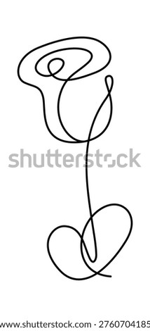 Rose stem with spiral bloom created in a single continuous line, clean contour on blank backdrop