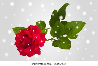 Rose in the style of a triangulation on a light background with snowflakes. Vector.