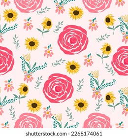 Rose and SunFlower and leaves seamless pattern.sweet floral pattern.Flower background design for fabric,clothing, cover book, kids.Floral season pattern design.