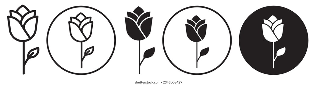 Rose symbol Icon. Flat outlined black and white rose flower petal for romantic wedding florist to their valentine love blossom. Vector set collection of floral decoration leaf plant bud beauty perfume