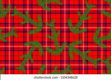 Rose tartan with Christmas tree branches for Christmas and New Year decoration 