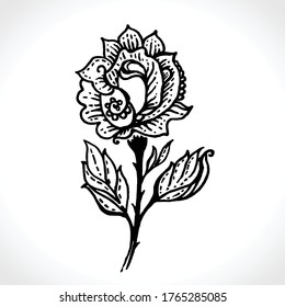 Rose tattoo. Black ink hand drawn sketch of a blooming rose for a tattoo. Vector old school style pattern.
