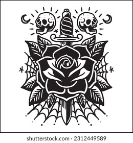 rose tattoo black with skulls and dagger spider web