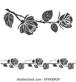 Rose tattoo and brush stroke. Silhouette of roses and leaves on a white background.