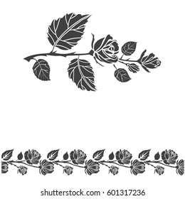 Rose tattoo and brush stroke. Silhouette of roses and leaves on a white background.