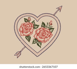 Rose tattoo design. Rose flower with heart. Vintage floral print vector artwork for t shirt and others. Rose club print design for apparel, stickers, posters and background. Whatever forever.