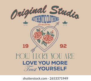 Rose tattoo design. Rose flower with heart. Vintage floral print vector artwork for t shirt and others. Rose club print design for apparel, stickers, posters and background. 