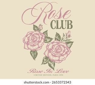 Rose tattoo design. Rose flower with heart. Rose club print design for apparel, stickers, posters and background. Vintage floral print vector artwork for t shirt and others.