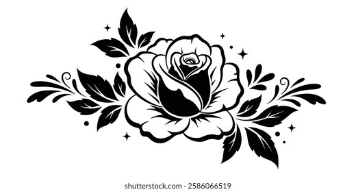 Rose, Tattoo, Floral, Lineart, Botanical, Illustration, Vintage, Ornamental, Elegant, Drawing, Decorative, Handdrawn, Leaves, Aesthetic, Monochrome, Clipart, Minimalist, Nature, Artistic, Graphic, Cla