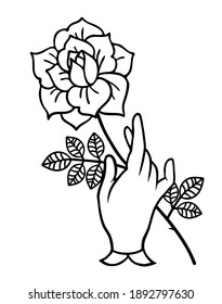 Rose tattoo with hand. Traditional black dot style ink. Boho Isolated vector illustration. Traditional Tattoo Flowers Set Old School Tattooing Style Ink Roses. Vintage style. Traditional art tattoos.