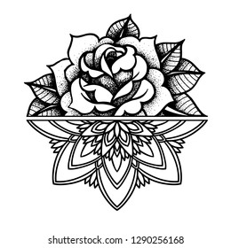 Rose Tattoo, mystic symbol. Flower with string of beads. Flower Mandala. Vintage decorative elements. Vector illustration art. Traditional art tattoos.