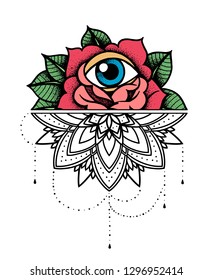 Rose Tattoo, mystic symbol. Flower with string of beads. Flower Mandala. Vintage decorative elements. Vector illustration art. Traditional art tattoos.
