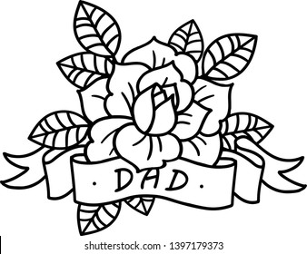 Rose tattoo with ribbon and word Dad. Vector illustration art. Old school 
 Vintage engraving. Vintage style. Traditional art tattoos. Blackwork. Isolated vector. Tattoo, mystic symbol.