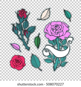 Rose tattoo set. Sticker, patch collection. Vector artwork. Fashion badges. Wallpaper. Vintage concept for wedding invitation card, print, gift, branding. Black, red, purple, green, white, gray colors