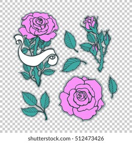 Rose tattoo set. Sticker, patch collection. Vector artwork. Fashion badges. Wallpaper. Vintage concept for wedding invitation card, print, gift, branding. Black, pink purple, green, white, gray colors