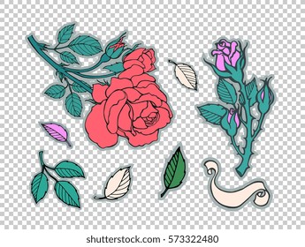 Rose tattoo set. Sticker, patch collection. Vector artwork. Fashion badges. Wallpaper. Vintage concept for wedding invitation card, print, gift, branding. Black, red, green, gray, purple, beige colors