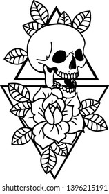 Rose tattoo and skull with sacred geometry frame. Traditional black style ink. Isolated vector illustration. Old school Traditional Tattoo Flowers Set Old School Tattooing Style Ink Roses