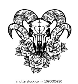 Rose tattoo with skull of a sheep. Horns Traditional black dot style ink. Roses isolated vector illustration. Traditional Tattoo Flowers Set Old School. Boho print, poster, t-shirt, textiles.
