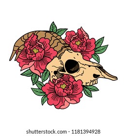 Rose tattoo with skull. Skull of a sheep. Horns. Traditional black dot style ink. Roses isolated vector illustration. Traditional Tattoo Flowers Set Old School Tattooing Style Ink.
