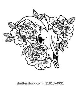 Rose tattoo with skull. Skull of a sheep. Horns. Traditional black dot style ink. Roses isolated vector illustration. Traditional Tattoo Flowers Set Old School Tattooing Style Ink.