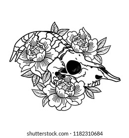 Rose tattoo with skull. Skull of a sheep. Horns. Traditional black dot style ink. Roses isolated vector illustration. Traditional Tattoo Flowers Set Old School Tattooing Style Ink.