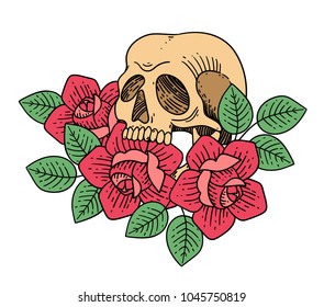 Rose tattoo with skull. Traditional black dot style ink. Isolated vector illustration. Traditional Tattoo Flowers Set Old School Tattooing Style Ink Roses. Ink vintage background. Hand drawn