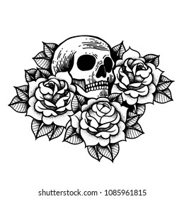 Rose tattoo with skull. Traditional black dot style ink. Roses isolated vector illustration. Traditional Tattoo Flowers Set Old School Tattooing Style Ink. Boho print, poster, t-shirt. textiles.