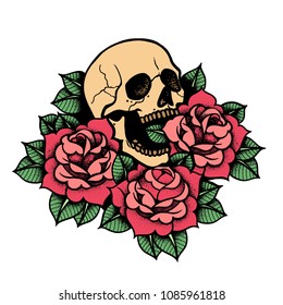 Rose tattoo with skull. Traditional black dot style ink. Roses isolated vector illustration. Traditional Tattoo Flowers Set Old School Tattooing Style Ink. Boho print, poster, t-shirt. textiles.