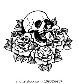 Rose tattoo with skull. Traditional black dot style ink. Roses isolated vector illustration. Traditional Tattoo Flowers Set Old School Tattooing Style Ink. Boho print, poster, t-shirt. textiles.