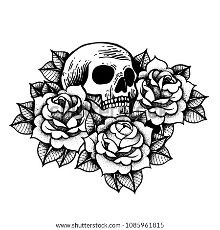 Rose Tattoo Skull Traditional Black Dot Stock Vector (Royalty Free ...